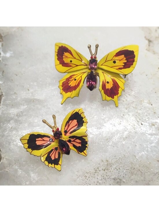 Czechoslovakia Jewelry - Vintage Czechoslovakia Enamel Rhinestone Butterfly Brooch Set Yellow Orange